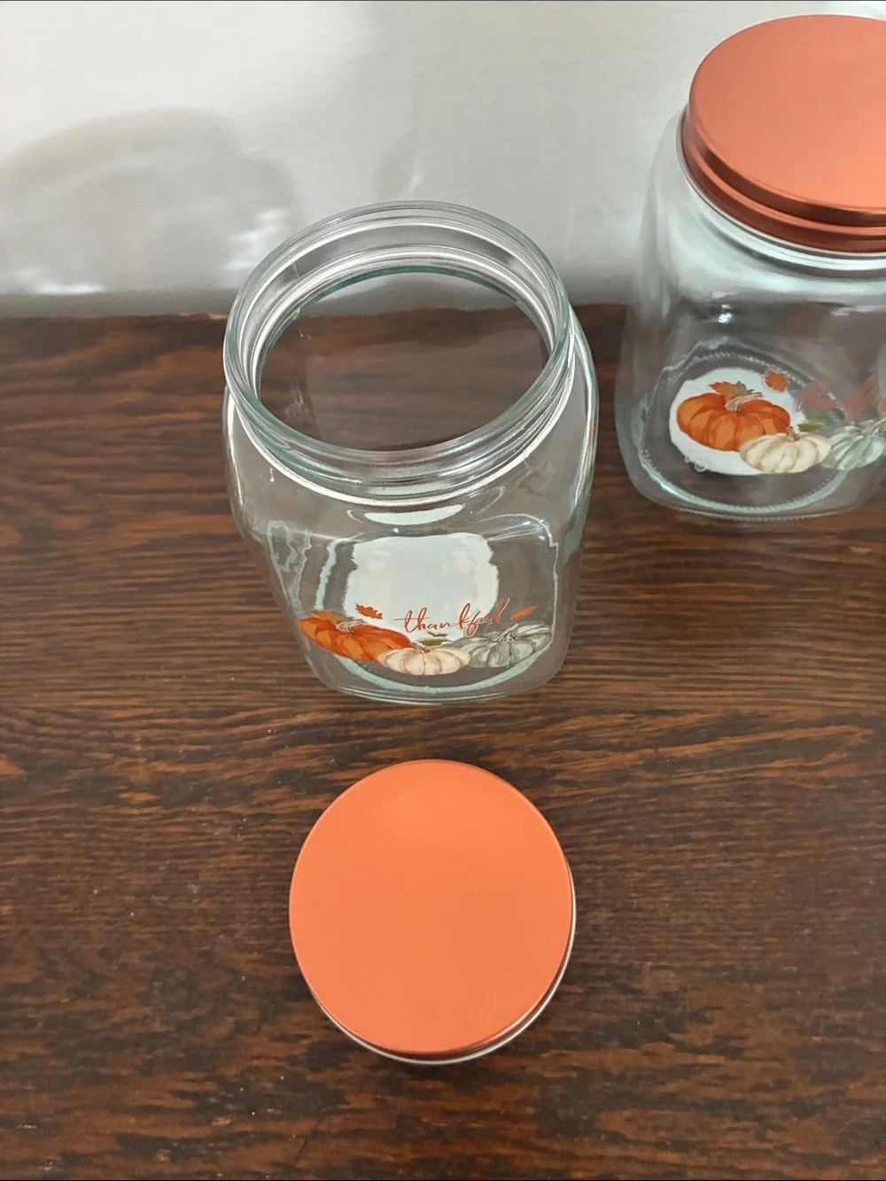 NWT- Set of 3- THANKFUL- Pumpkin Trio Harvest Glass Jars w/ Screw On Copper Lid